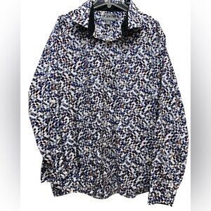 PAULO SOLARI MODERN FIT BUTTON SHIRT, "TECHY" PRINT BLUE MULTI ON WHITE, SZ 3X